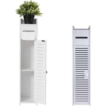 Lucn Kleiner Badezimmer-Eckschrank mit Türen und Regalen, schmales Waschbecken für Wohnzimmer, Küche, Flur, Moderner weißer Toiletten-Seitenschrank, Badezimmer-Aufbewahrungsschrank, schmaler Schrank mit Toilettenpapierhalter und Handyhalter, PVC, freistehender Badezimmer-Aufbewahrungsschrank für Zuhause; Badezimmer-Bodenschrank, Aufbewahrungsschrank für Zuhause mit Türen und Regalen, freistehender hoher, schmaler Seitenschrank, Möbelstück, wasserfestes Küchenregal, Vorratsschrank, Bücherregal, 16 * 15 * 81 cm