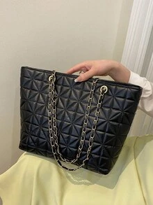 Black PU Leather Fashionable Minimalist Style Large Capacity Diamond Pattern Metal Chain Zipper Shoulder Tote Bag, Suitable For Women's Daily Commute, Travel, Vacation, Party, Gathering With Friends, Girlfriend Birthday Gift, Girlfriend Valentine's Day Gift, Women's Work Bag - Black - View 5