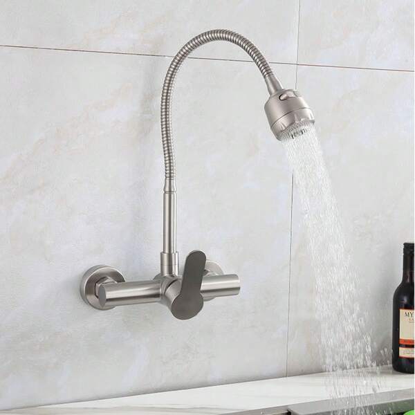 1pc 304 Stainless Steel Kitchen Faucet, Wall-Mounted Dual Hole Mixer Tap With Removable Swivel Spout, 2 Spray Modes, Suitable For Mop Sinks, Laundry Sinks, Vegetable Basins