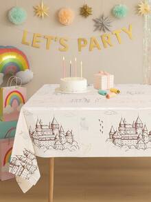 1pc Vintage Castle Theme Tablecloth, Wizard Owl Tower Pattern Table Cover Party Table Cloth, Disposable Plastic Tablecloth For Birthday Party Decor,BabyShower Decor, Table Decor, Family Friends Gathering Party Supplies, Kitchen Dining Room Decor,Home Decor,Christmas