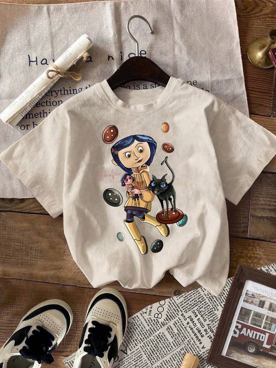 Retro Cartoon Cat Print Casual Round Neck Short Sleeve Simple Graphic T-Shirt For Women, Teen Girls Summer Tee For School & Hangout, Everyday Wear - 淺杏色 - 查看 1