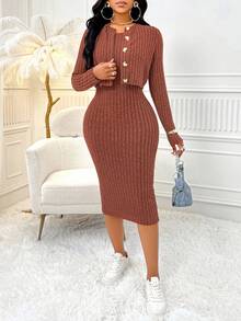 AIJ Amarilo Women 2 Pieces Set: Solid Color Button-Front Jacket And Solid Color Backless Bodycon Dress Summer Spring - Reddish Orange - View 3