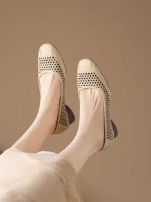 Women Summer Beige High Heel Pumps/Thick Heel Hollow Breathable Square Toe Slip-On Pumps/Fashionable Elegant Square Toe Loafers