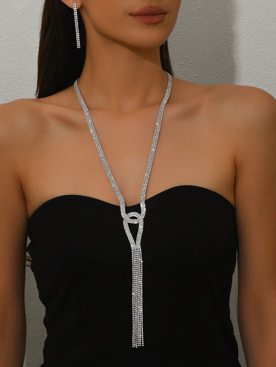 3pcs Set European & American Rhinestone Copper Necklace, Dangling Earrings, Jewelry Set For Party Wear