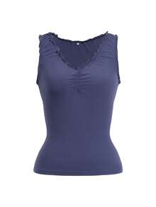 Vaiaye 女士纯色荷叶边 V 领短款修身吊带背心，适合返校、运动和日常穿着