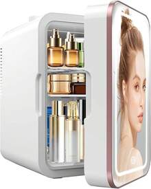 6L/10 Can Mini Fridge For Bedroom With Dimmable LED Mirror, Portable Cooler & Warmer Small Compact Refrigerator For Skincare, Cosmetics, Bedroom And Office, White - 1_ - View 6