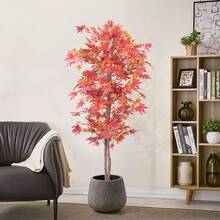 4ft/5ft Artificial Maple Tree, Large Faux Tree Soft Silk Autumn Maple Decorative Plant With Plastic Pot For Party Home Living Room Decoration Thanksgiving Harvest - Đỏ - Xem 5
