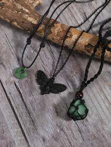 3pcs Gothic Style Moth Skeleton Head Adjustable Stone/Rock, Natural Stone Black Mesh Net Woven Necklace, Adjustable Jade-Like Green Amulet Pendant Necklace Set, Unisex