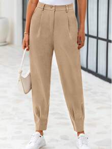 tooluck Women's High Waisted Ankle Length Trousers Slacks With Pockets Khaki - 卡其色 - 查看 1