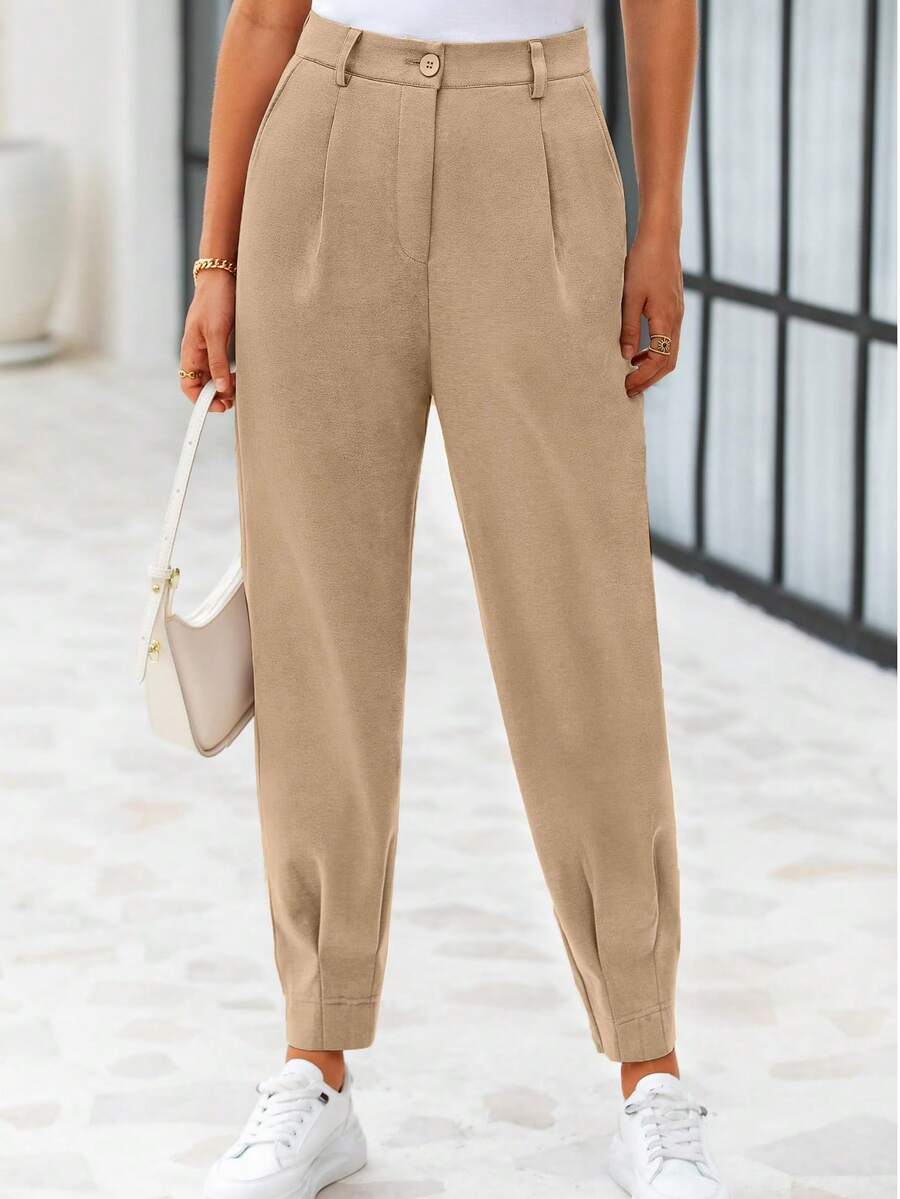 tooluck Women's High Waisted Ankle Length Trousers Slacks With Pockets Khaki - 卡其色 - 查看 1