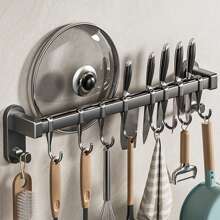 1pc Sleek Black Wall-Mounted Metal Kitchen Rack, Modern Elegance With Spice Organizer, Knife Holder & Utensil Hooks, Multi-Use Home Decor Shelf, Kitchen Decor, Spice Rack, Utensil Hooks, Home Decor Organizer, Utility Racks
