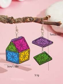 2pcs House Shaped Geometric Acrylic & Metal Dangle Earrings, Fashionable & Cute For Women Party