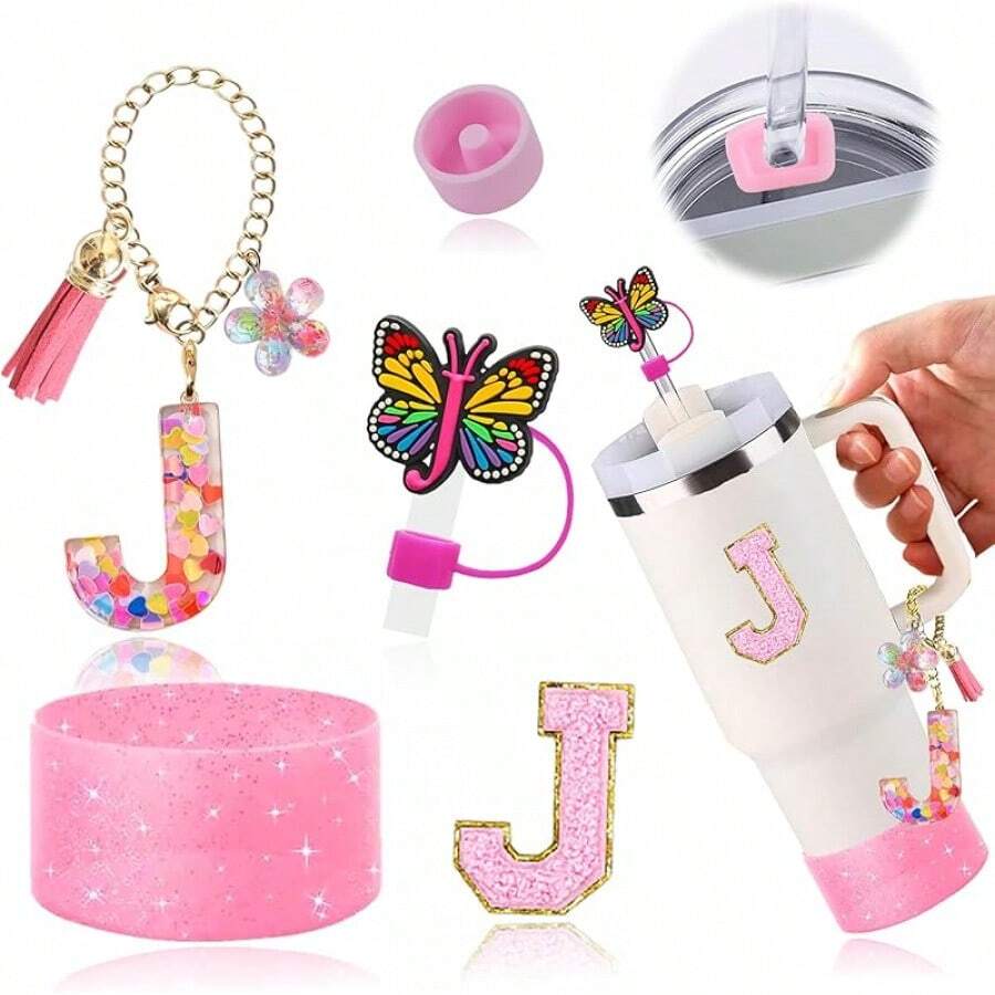6PCS Cup Accessories Set For 30oz 40oz, Compatible With Stanley Cup Letter Charms For Handle Silicone Boot,Straw Cover Topper & Sticker (Letter S) - Letter J - View 1