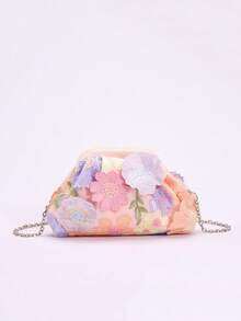 1pc Colorful Flower Applique Linen Bottom Mesh Embroidery Gathered Clutch, Shiny Formal Party Evening Handbag For Women, Suitable For Dresses, Casual And Holiday (Flower Pattern Random) - Pink - View 8