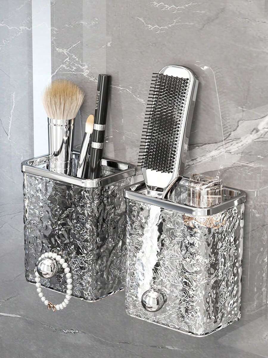 冰川图案壁挂式免钻孔浴室洗漱用品收纳架，多隔层设计，可收纳牙刷、梳子、牙膏和护肤品 | 金属质感塑料 | 无需钻孔 | 现代家居装饰的理想之选，浴室收纳好帮手 | 现代浴室配件 | 透明收纳盒。浴室配件