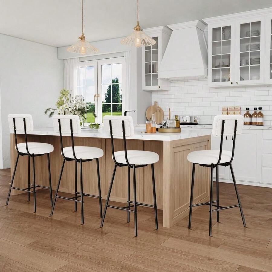 Counter Height Bar Stools Set Of 2 / Set Of 4, 24" Boucle Barstools With Back, Modern Upholstered Bar Chairs For Kitchen Island, Dining Room, Cafe - Kem Trắng - Xem 1