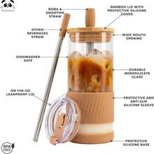 Pandaloo? Glass Cups With Lids And Straws -20 Fl Oz- Perfect Size Iced Coffee Cup - Smoothie Cup With Bamboo Lid And On The Go Lid - Glass Tumbler (2 Count (Pack Of 1), Amber Sand-Coton White) - Amber Sand-coton White - View 2