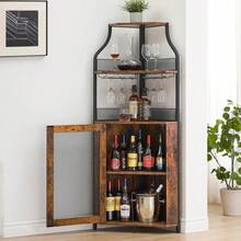 Industrial Corner Wine Cabinet With Removable Wine Rack, Corner Bar Cabinet With Barn Door And Glass Holder, Farmhouse Buffet Cabinet And Home Bar - Rust Brown - View 1