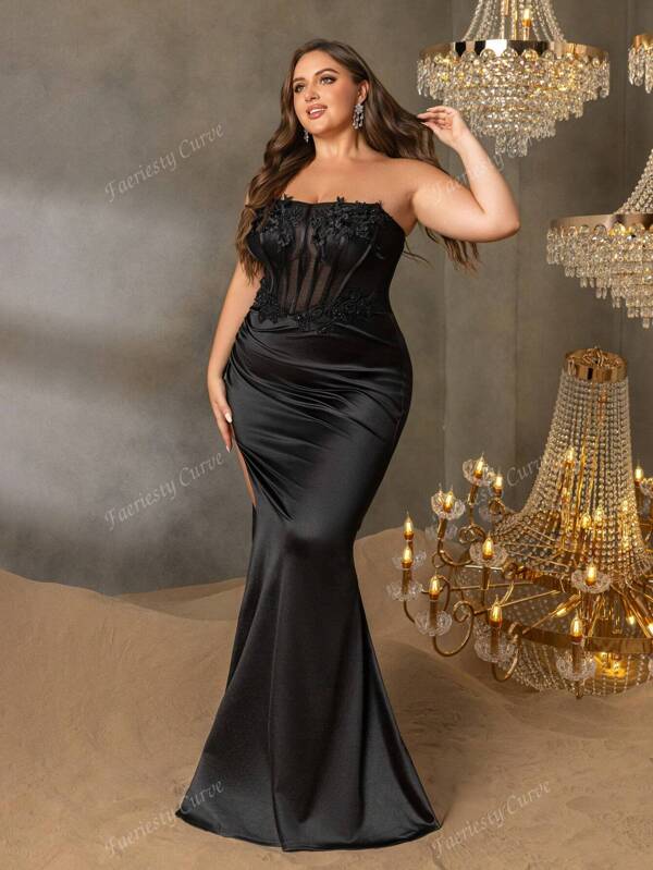 Faeriesty Rochie elegantă sirenă fără bretele, mărime plus, Faeriesty Curve: Rochie formală fără mâneci cu crăpătură sexy până la coapsă - Perfectă pentru gale de seară, nunți în cravată neagră, evenimente de lux pe covor roșu și baluri caritabile de lux.