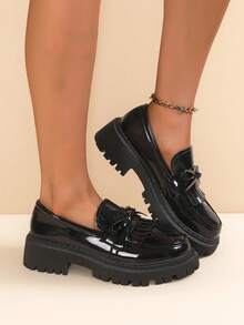 Girl S Retro Bow Flat Shoes - Breathable Loafers With Thick Cushioned Sole, Round Toe Comfortable Flats In Black. - Black - View 5