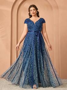 Mgiacy,New Arrival,V-Neck, Printed Mesh, Airplane Sleeves, Tie, Big Swing, Long Dress, High-End Evening Dress