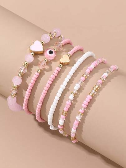 6pcs/Set Bohemian Style Pink Heart And Evil Eye Beaded Bracelets, Gift For Girls
