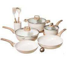 Non Stick Ceramic Cookware Set, And A Single Flat Bottomed Pan Healthy Pot And Flat Bottomed Pot Set, Kitchen Cooking Set, With A Cool Handle To Keep It Cool, White Granite Coating,