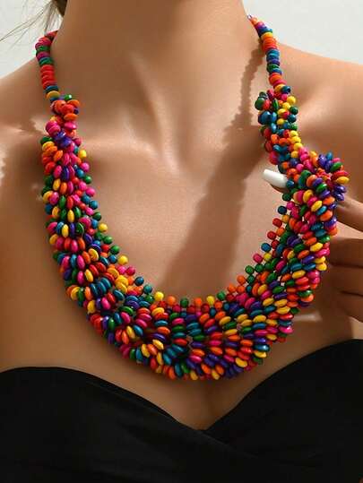 Vibrant Multicolor Wooden Beaded Choker Necklace - Handcrafted Unisex Boho Chic Jewelry With Unique Bohemian Style, Perfect For Daily Wear, Party, Summer Vacation, Beach Events, Pride Month Festive Celebrations And All Seasons - Durable, Adjustable, Comfortable, And Eye-Catching Accessory