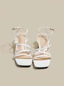 Women's Patent Leather White High Heel Sandals With Criss Cross Strappy Open Toe Chunky Heels, Lace Up Strap Sandals For Summer