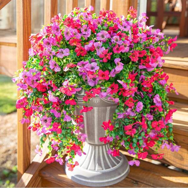 Artificial Hanging Flowers For Outdoors Summer Decoration, Red Purple Fack Flowers, 2PCS Upgrade UV Resistant Faux Silk With Eucalyptus Leaves ,Fake Hanging Plants For Outside Home Indoor Planter, Garden, Porch, Window, Home Decor,Garden Decor, Best For Christmas, Perfect For Thanksgiving