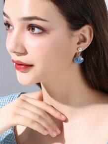 1 Pair Blue Enamel Shell & Pearl 2-Way Wear Earrings, Unique Stylish Earrings For Women & Girls, Suitable For Travel, Wedding, Party, Christmas Gift