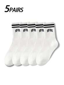 2 双女式纯色条纹字母印花中筒袜，简约时尚百搭柔软舒适吸湿排汗，适合返校季 - 彩色 - 查看 11