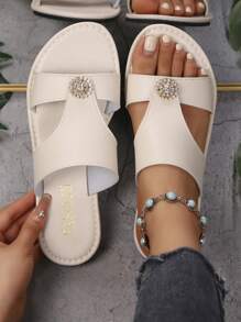 Sandalias de dedo de unicolor y elegante de piel de imitación (PU) con rhinestones, para usar en playa y resort en verano y otoño