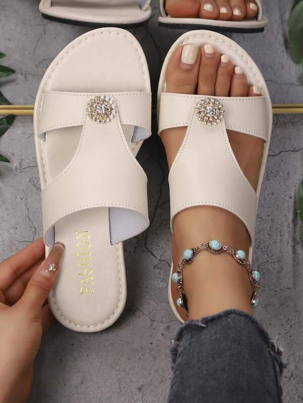 Sandalias de dedo de unicolor y elegante de piel de imitación (PU) con rhinestones, para usar en playa y resort en verano y otoño