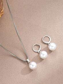 3 Piece Minimalist Faux Pearl Stud Earrings, Necklace Jewelry Set, Suitable For Vacation, Date, Valentine's Day Gift, Everyday Wear, Party - Silver Pearl - View 3