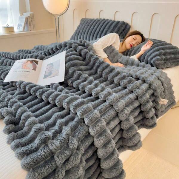 1pc Wide Stripe Plush Blanket, Faux Rabbit Fur Milk Fleece Decor Throw Blanket, Soft Flannel Cozy Nap Blanket For Bedroom, Office, Lounge