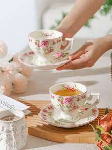 1 件套法式花卉咖啡杯碟套装，陶瓷材质，精致手绘玫瑰马克杯，创意精致的英式下午茶杯碟，适合女性，送给姐妹/朋友的礼物