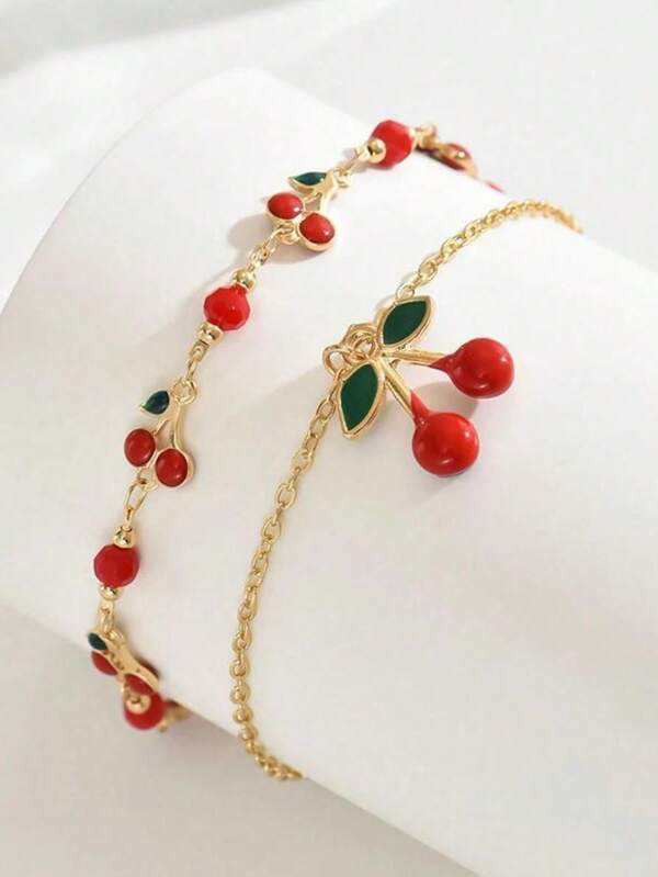 2pcs, Summer Beach Creative Cherry Pendant Golden Chain Style Anklets Fruit Series Green Leaf Cherry Double Layer Anklet Set, Zinc Alloy, Summer Beach Vacation, Anklets(The Number Of Cherries Is Random)