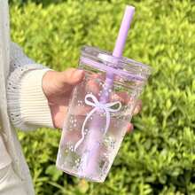 HILAKE Botella de agua de 16 onzas con estampado floral y de moño - Portátil, duradera y reutilizable con pajita y tapa, diseño de estampado de flores y moños - Perfecta para hidratarse en verano, café helado, jugos, sodas y batidos - Regalo ideal para cumpleaños y fiestas - Accesorio imprescindible para la oficina - Multicolor - Ver 5
