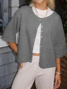 Women Short Sleeve Cardigan Button Down Open Front Knit Crew Neck Sweater Tops Oversized Lightweight Cardigans - Grey - View 2