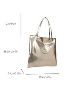 新款简约大容量亮面单肩托特包，柔软PU皮革通勤托特包，时尚高光镜面托特包 - 金色 - 查看 5