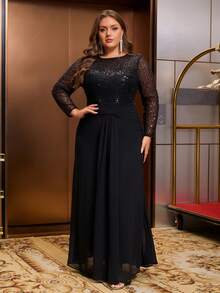 Vestido de noche largo talla grande de cuello redondo de malla con lentejuelas negras - Negro - Ver 2