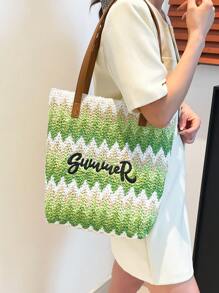 New Straw Woven Bag, Women's Large Capacity Shopping Tote Bag, Striped Letter Beach Bag, Embroidery Leisure Travel Lightweight Handbag