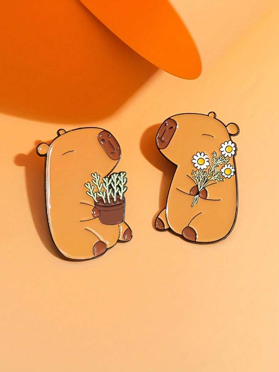 1-2pcs/Set Cute Animal Capybara Brooch, Elegant Gift For Friends, Floral Accessories - Multicolor - View 1