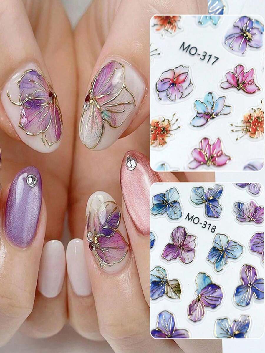 新款超薄金箔貼紙裝飾，帶有浪漫夢幻的紫色花卉指甲貼紙，帶有浮雕花瓣
