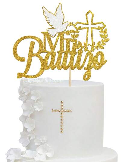 1 pieza Decoración para pastel de bautizo dorado - Decoración de pastel de con diseño de paz, hoja y cruz, decoraciones para boda, fiesta de bienvenida o bautizo con glitter dorado
