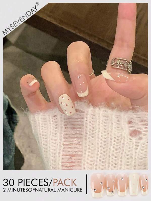 30 Peças de Adesivos de Unhas Falsas Curtas em Formato de Caixão Prensado, Estilo Japonês e Coreano Simples, Branco, Doce e Elegante, Novos e Modernos para Pontas dos Dedos, Acompanhados de 1 Peça de Cola de Gelatina e 1 Peça de Lixa, Adequados para Festas, Danças e Uso Casual Diário de Mulheres, Unhas Adesivas Destacáveis e Reutilizáveis