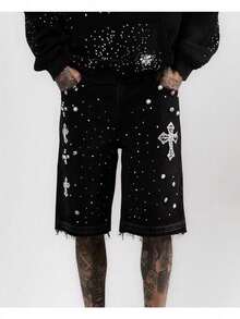 Pantalones cortos de mezclilla con diamantes estilo hip-hop cruzados y rectos nuevos, jeans de cinco bolsillos - Negro - Ver 3
