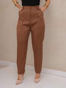 Straight Cut Tailored Trousers/ Front Pockets 216 - Brown - View 1