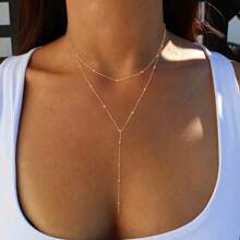 1 Pc Stainless Steel Double-Layer Necklace Long Pendant Necklace Jewelry Y-Shaped Chain With Round Ball Pendant Double Chain Necklace For Women Daily Wear